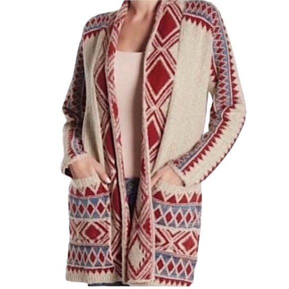 Lucky Brand Aztec Print Drape Wrap Cardigan Sweater w Pockets Red Beige Tribal - Picture 1 of 5